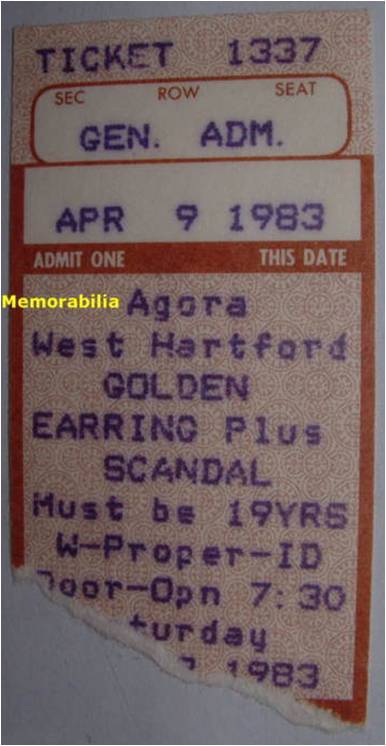 Golden Earring show ticket April 09, 1983 West Hartford - Agora
